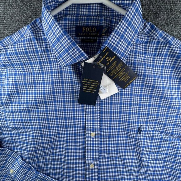 NWT Polo Ralph Lauren Men EASY CARE Button Up Shirt BLUE WHITE 17 34/35 Plaid - Picture 1 of 12